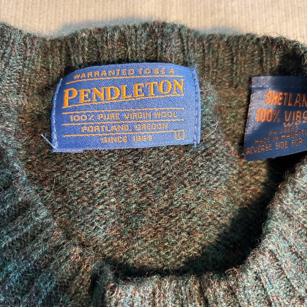 Pendleton Mens L Shetland Wool Crewneck Sweater Green Heather Knit Pullover - Picture 2 of 9